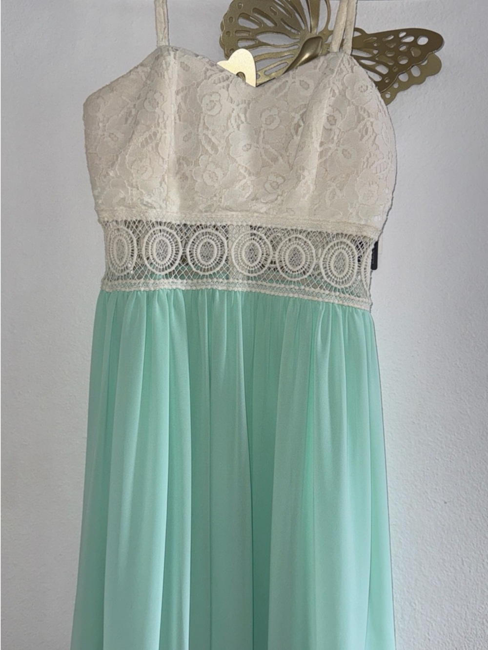 BCX Seafoam Chiffon and Ivory Lace Mini Dress